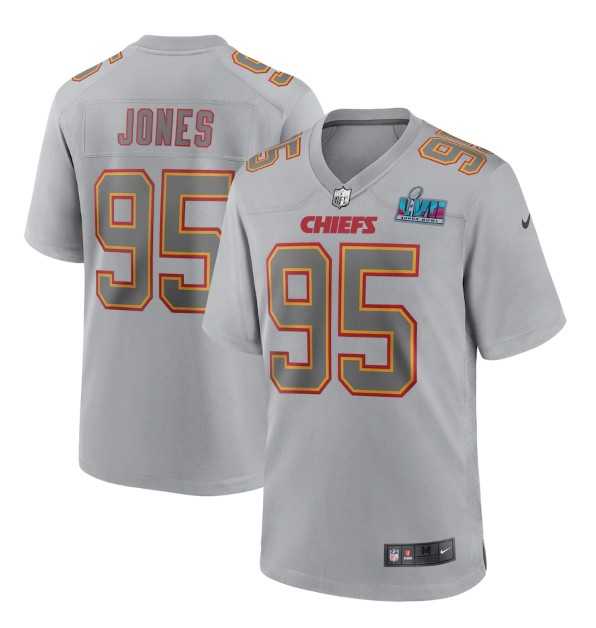 Mens Kansas City Chiefs #95 Chris Jones Gray Super Bowl LVII Patch Atmosphere Fashion Stitched Game Jersey1